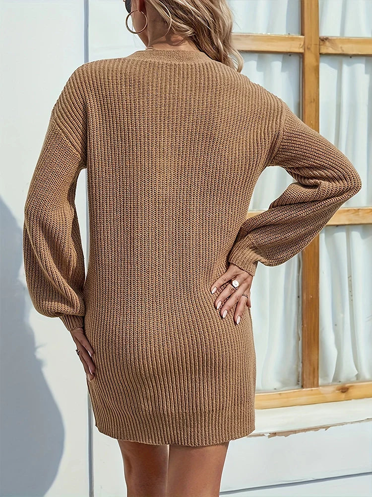 Womens V Neck Mini Sweater Dress Long Lantern Sleeve Pullover Sweaters