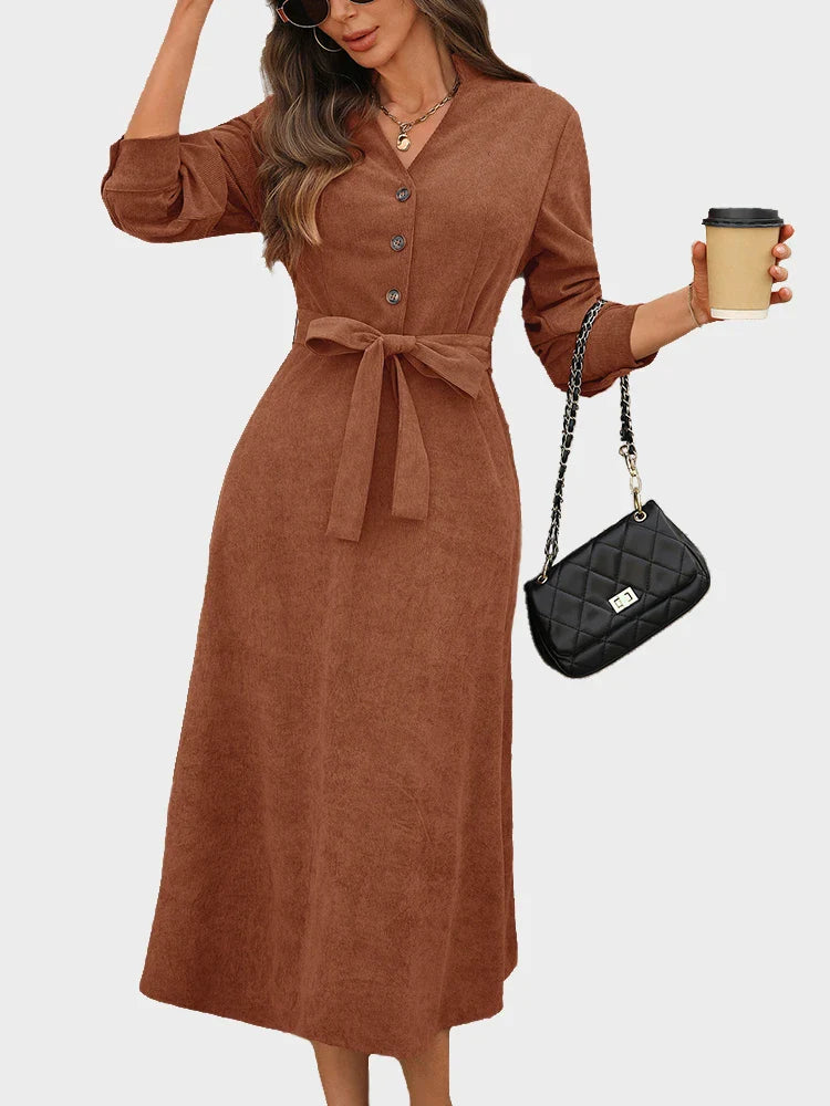 Corduroy V-Neck Dress – Versatile Commuter Office Style