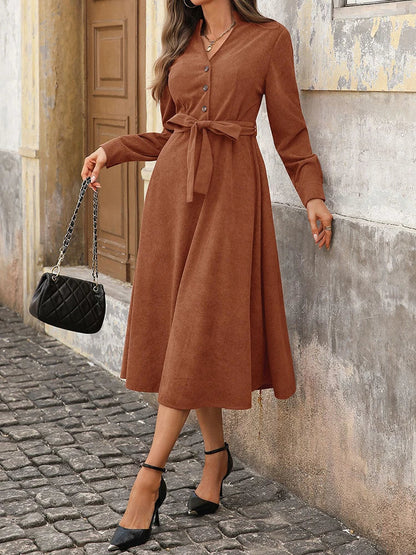 Corduroy V-Neck Dress – Versatile Commuter Office Style